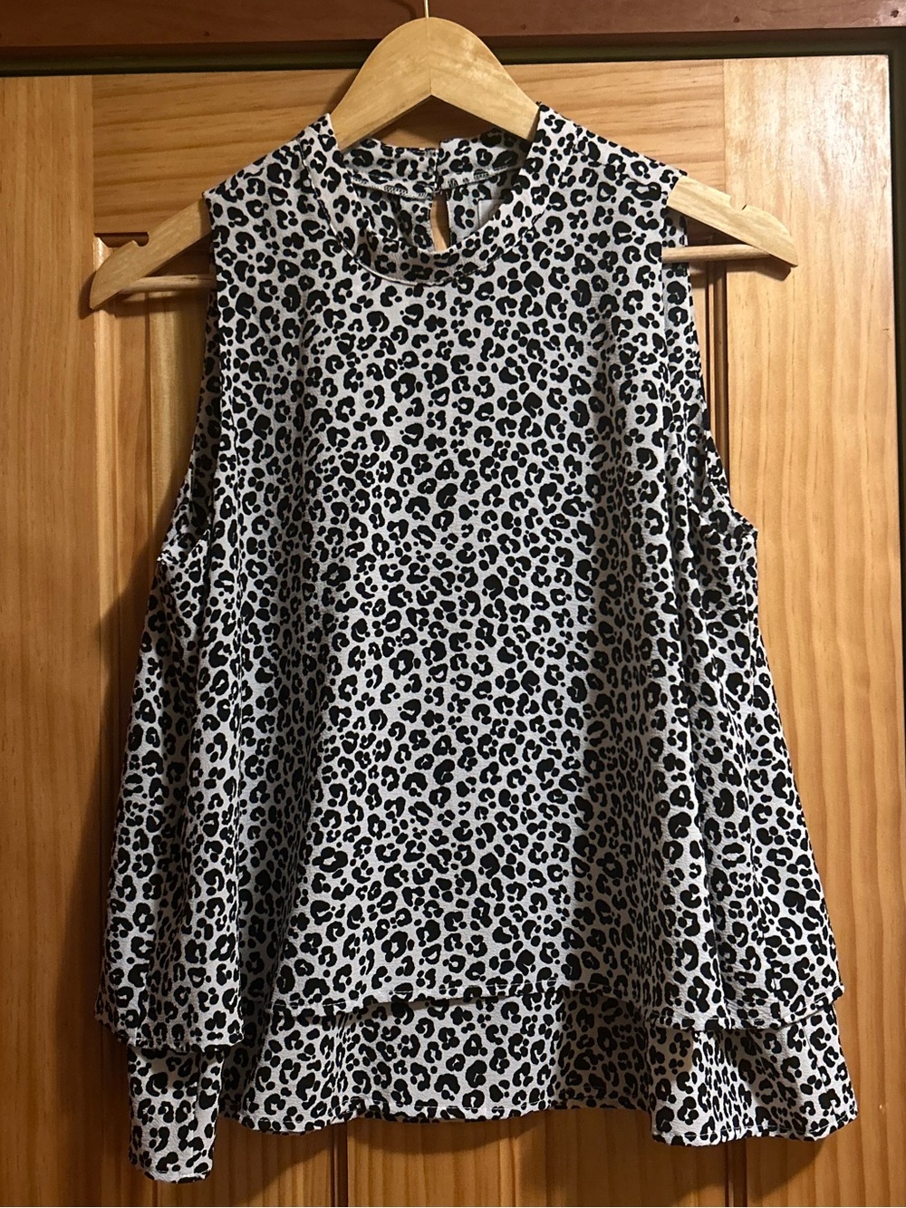 Mud Pie Black and White Leopard Cold-Shoulder Layered Blouse
